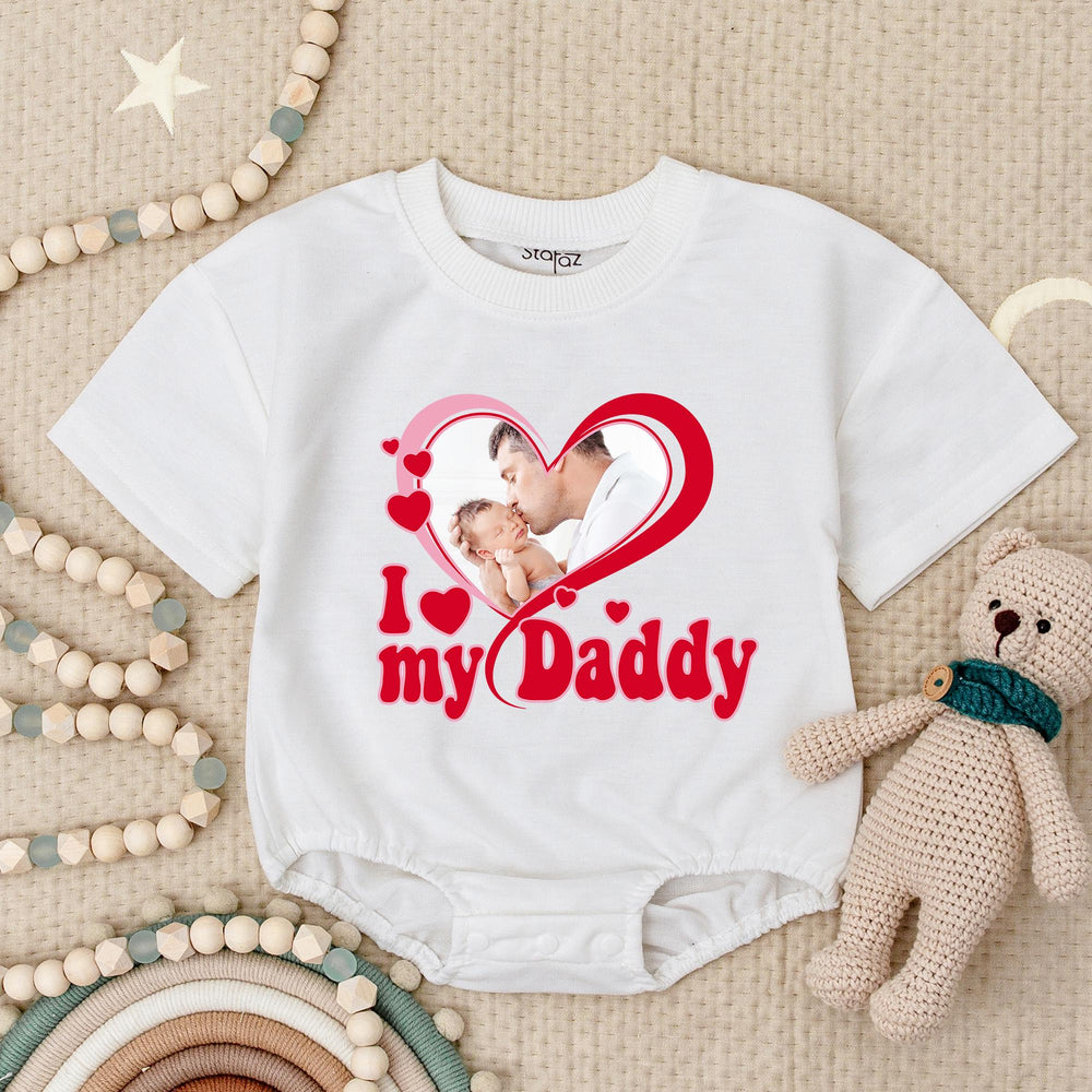 Custom I Love My Daddy Baby Romper with Photo Heart Graphic for Girls, Soft Pink and Red One Month Infant Bodysuit, Personalized Gift