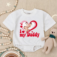 Custom I Love My Daddy Baby Romper with Photo Heart Graphic for Girls, Soft Pink and Red One Month Infant Bodysuit, Personalized Gift
