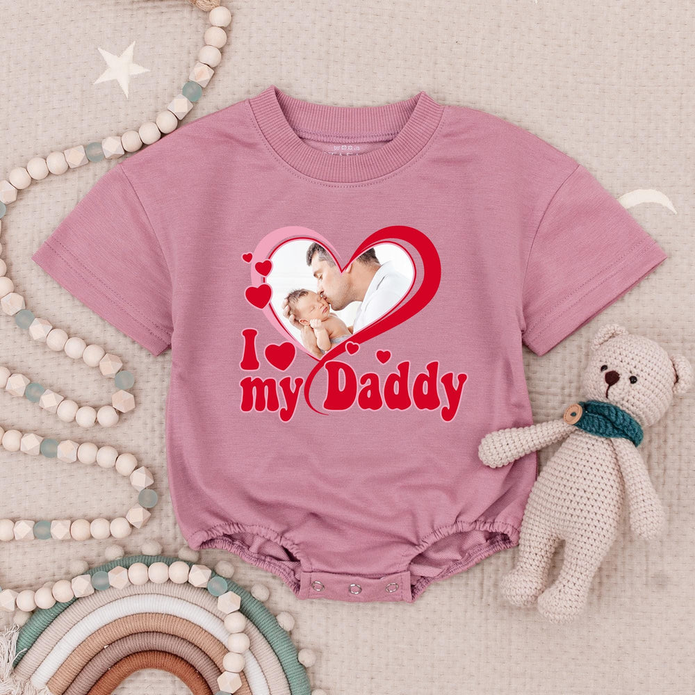 Custom I Love My Daddy Baby Romper with Photo Heart Graphic for Girls, Soft Pink and Red One Month Infant Bodysuit, Personalized Gift