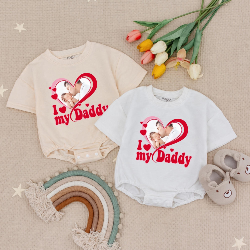 Custom I Love My Daddy Baby Romper with Photo Heart Graphic for Girls, Soft Pink and Red One Month Infant Bodysuit, Personalized Gift