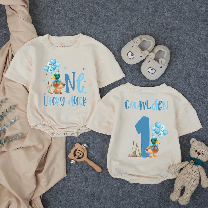 Custom Lucky Duck First Birthday Romper for Baby Boys, Soft Cotton Outfit with Blue Duck Artwork, Perfect for Milestone Photos & Parties