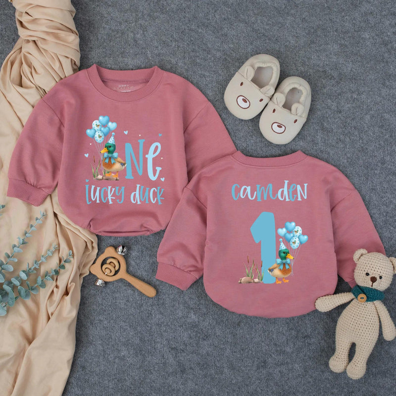 Custom Lucky Duck First Birthday Romper for Baby Boys, Soft Cotton Outfit with Blue Duck Artwork, Perfect for Milestone Photos & Parties