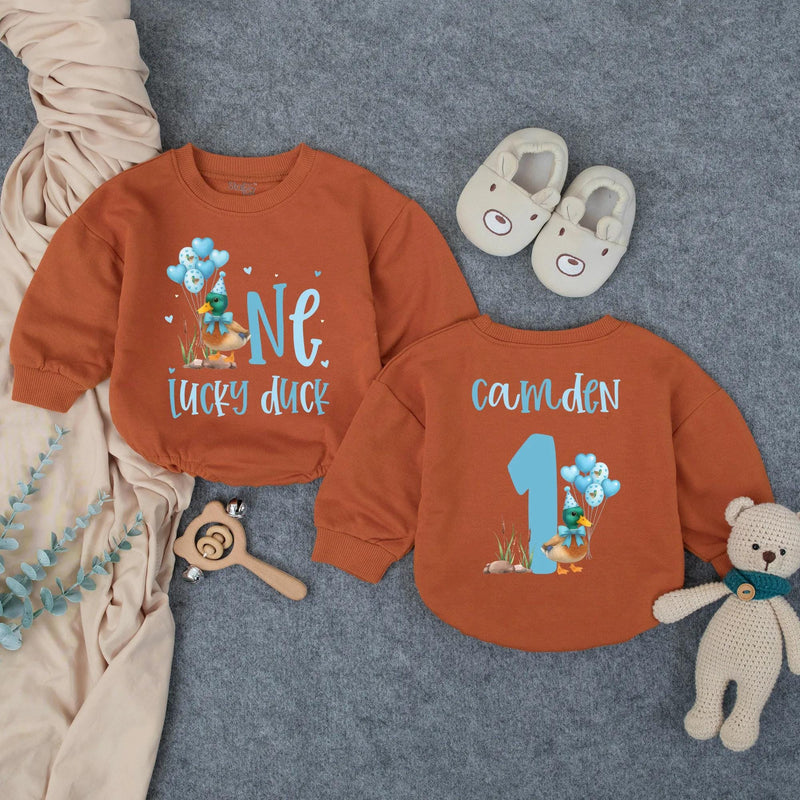 Custom Lucky Duck First Birthday Romper for Baby Boys, Soft Cotton Outfit with Blue Duck Artwork, Perfect for Milestone Photos & Parties