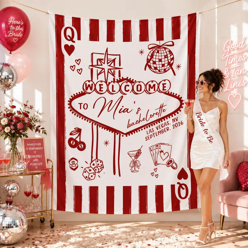 Custom Lucky in Love Silk Bachelorette Banner with Vegas Casino Theme, Personalized Bride Name & Date, Perfect Party Backdrop