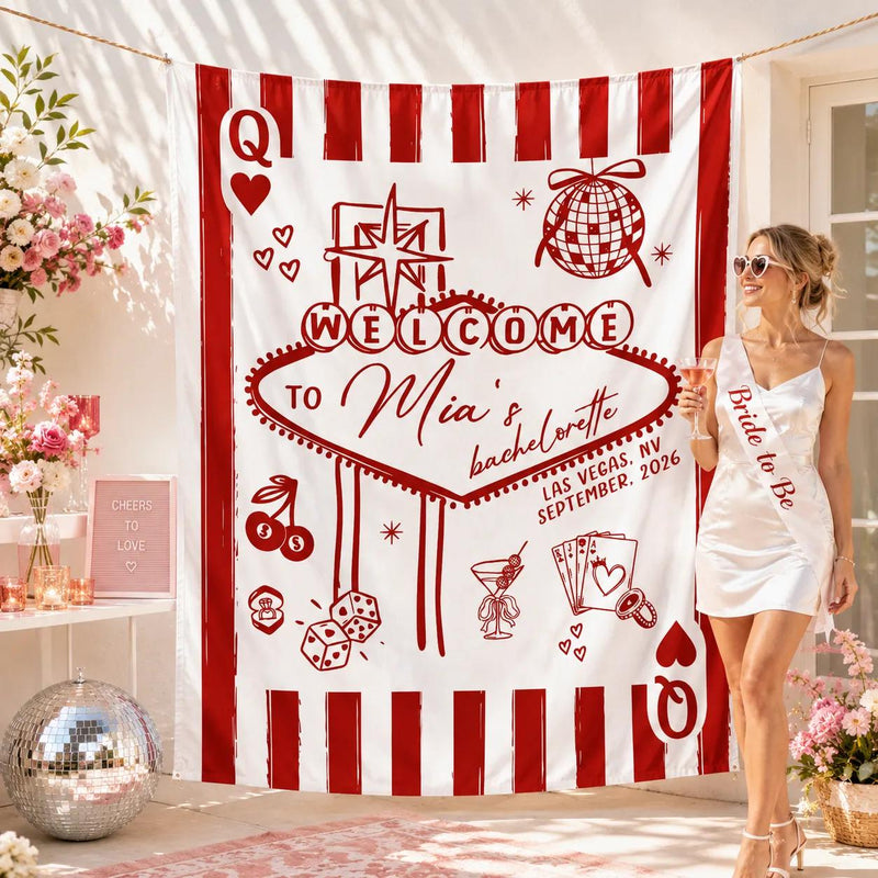 Custom Lucky in Love Silk Bachelorette Banner with Vegas Casino Theme, Personalized Bride Name & Date, Perfect Party Backdrop