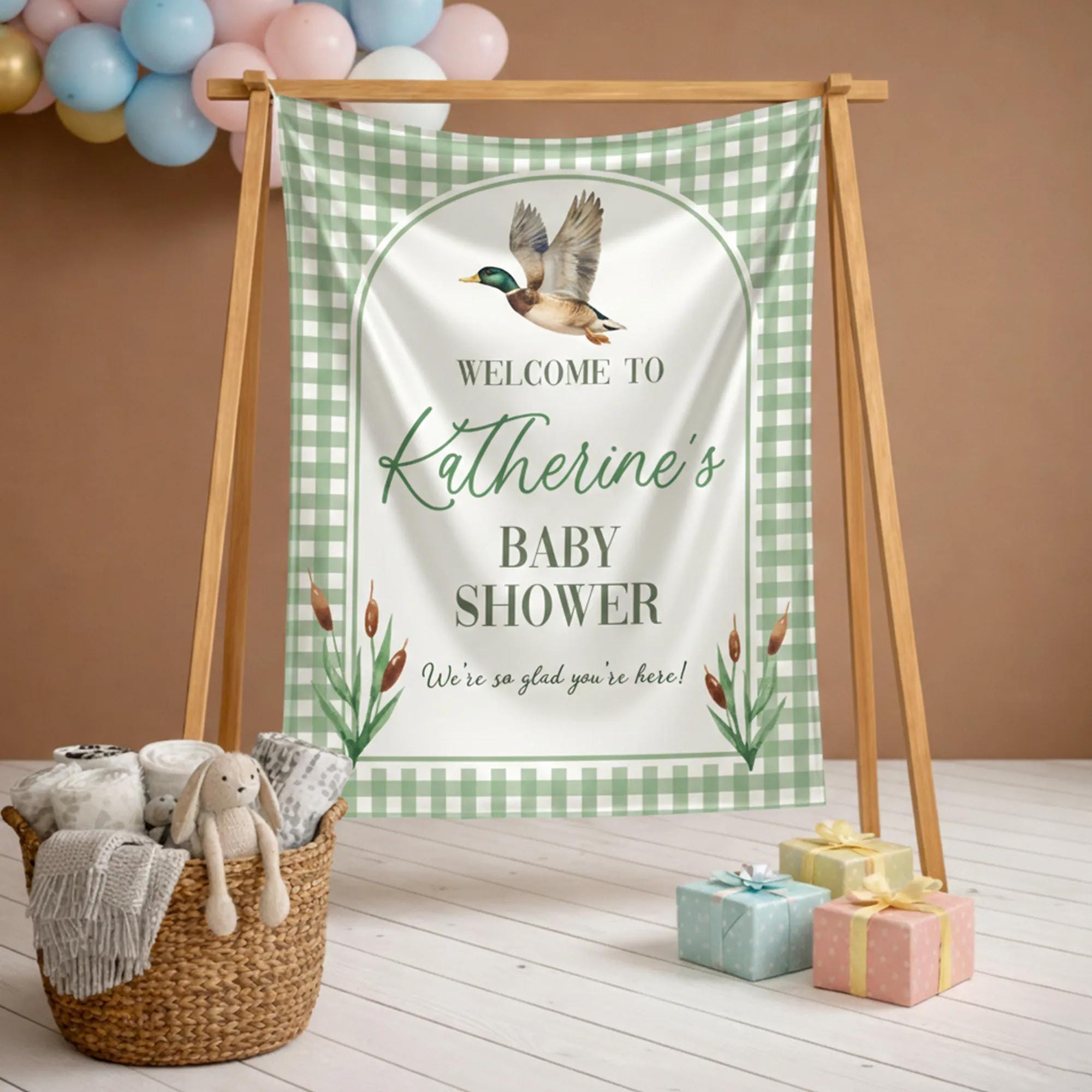 Custom Mallard Duck Baby Shower Silk Welcome Sign Light Green Gingham Personalized Banner Party Decor for Boy or Girl Celebration