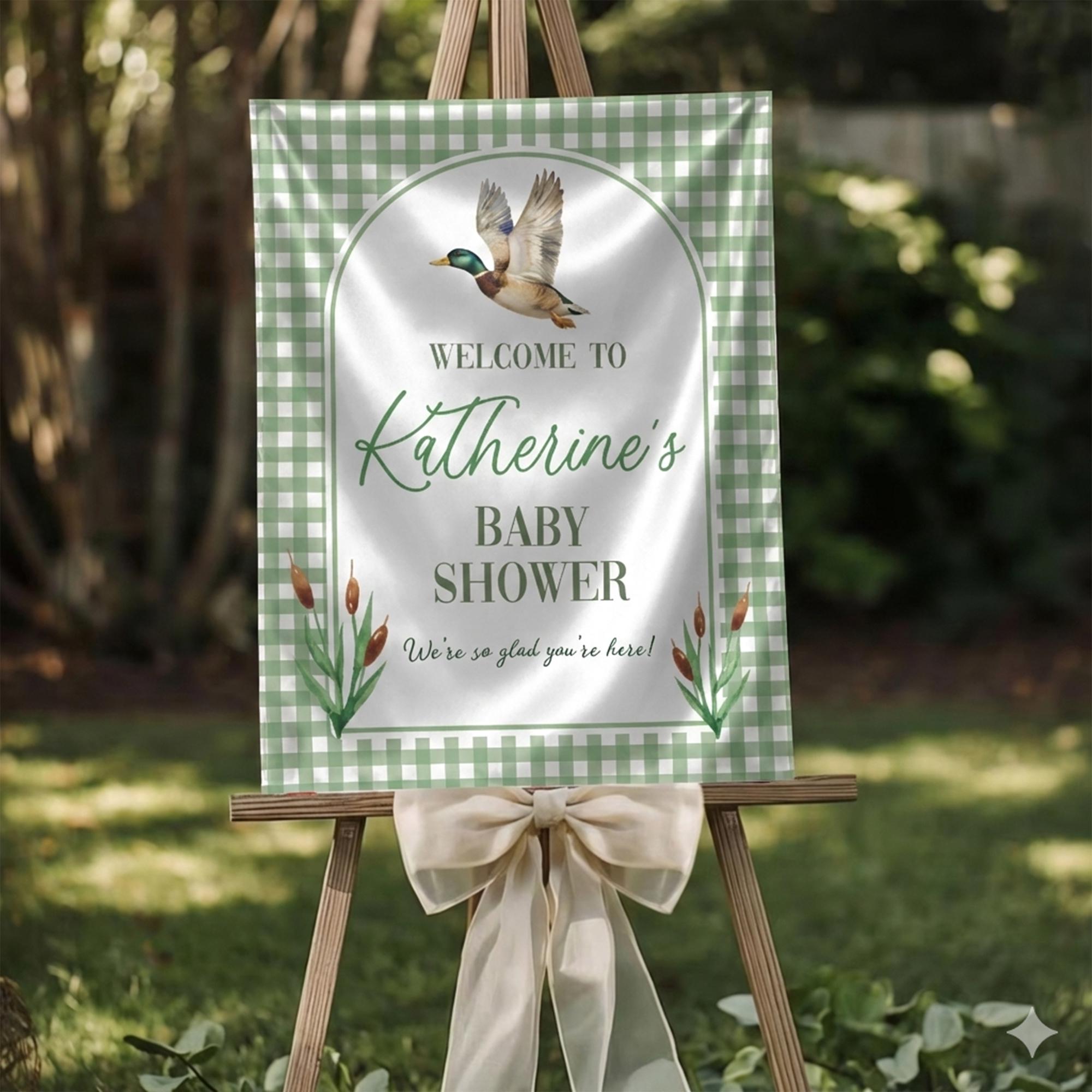 Custom Mallard Duck Baby Shower Silk Welcome Sign Light Green Gingham Personalized Banner Party Decor for Boy or Girl Celebration