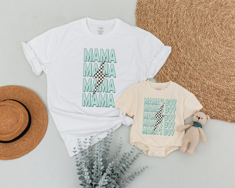 Custom Mama and Mamas Boy Matching Outfits Mint Green Bold Text Lightning Bolt Design Cotton Soft Baby Shower Gift