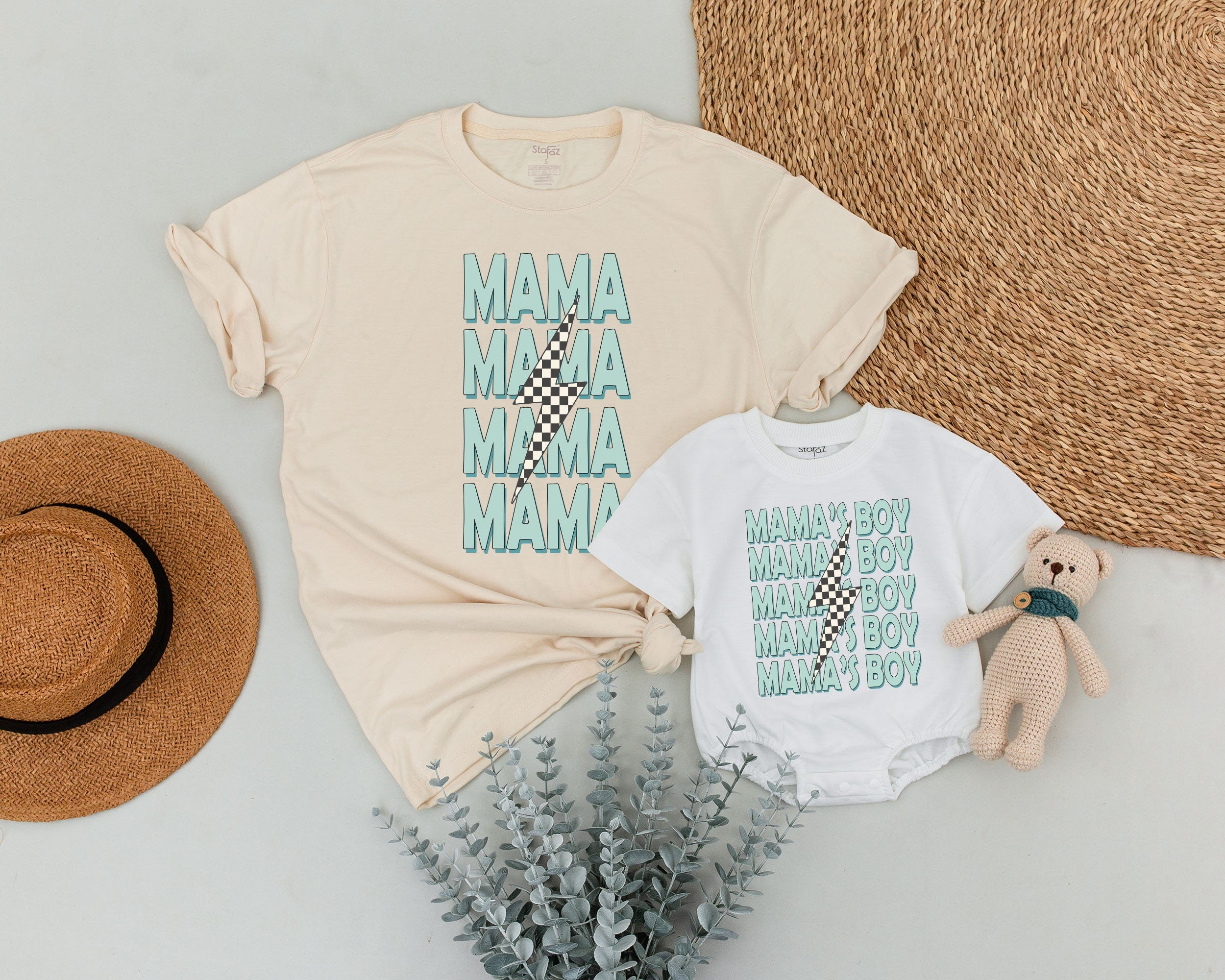 Custom Mama and Mamas Boy Matching Outfits Mint Green Bold Text Lightning Bolt Design Cotton Soft Baby Shower Gift