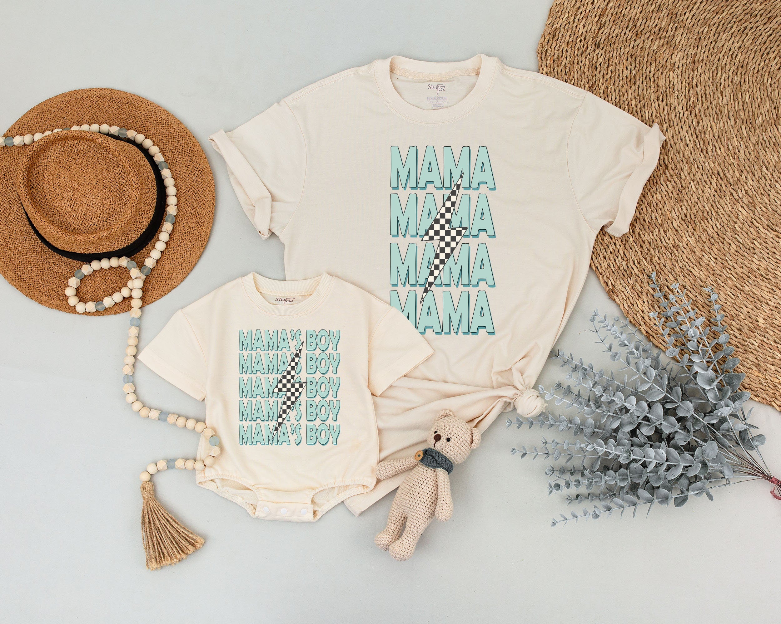 Custom Mama and Mamas Boy Matching Outfits Mint Green Bold Text Lightning Bolt Design Cotton Soft Baby Shower Gift