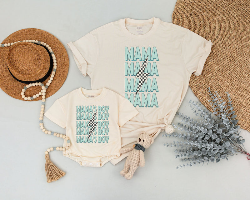 Custom Mama and Mamas Boy Matching Outfits Mint Green Bold Text Lightning Bolt Design Cotton Soft Baby Shower Gift