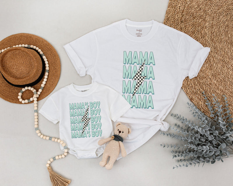Custom Mama and Mamas Boy Matching Outfits Mint Green Bold Text Lightning Bolt Design Cotton Soft Baby Shower Gift