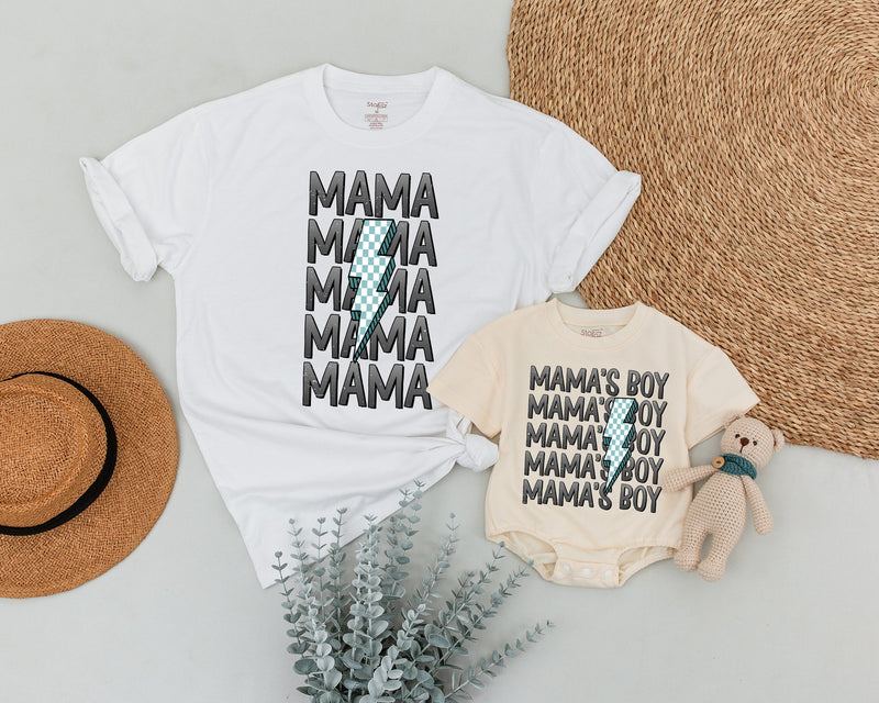 Custom Mama and Mama's Boy Matching Shirts Blue Checkered Lightning Bolt Family Outfits Baby Shower Gift Soft Cotton Toddler Clothes