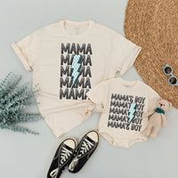 Custom Mama and Mama's Boy Matching Shirts Blue Checkered Lightning Bolt Family Outfits Baby Shower Gift Soft Cotton Toddler Clothes