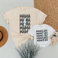 Custom Mama and Mama's Boy Matching Shirts Blue Checkered Lightning Bolt Family Outfits Baby Shower Gift Soft Cotton Toddler Clothes
