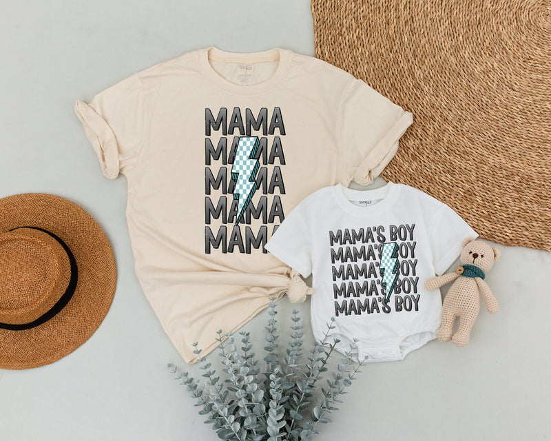 Custom Mama and Mama's Boy Matching Shirts Blue Checkered Lightning Bolt Family Outfits Baby Shower Gift Soft Cotton Toddler Clothes