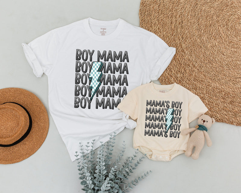 Custom Mama and Mama's Boy Matching Shirts Blue Checkered Lightning Bolt Family Outfits Baby Shower Gift Soft Cotton Toddler Clothes
