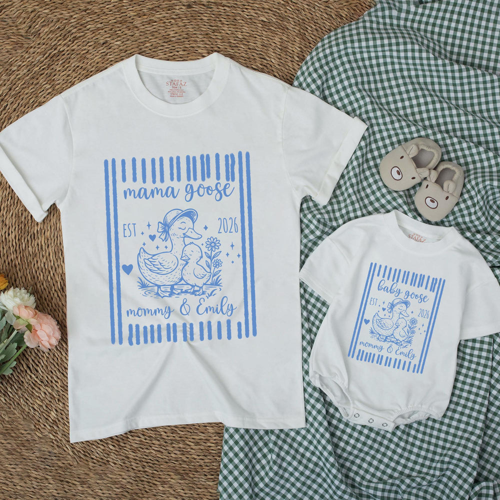 Custom Mama and Mini Goose Matching Shirts Cute Mommy and Me Outfits Personalized Names Cotton Preppy Striped First Mother’s Day Gift