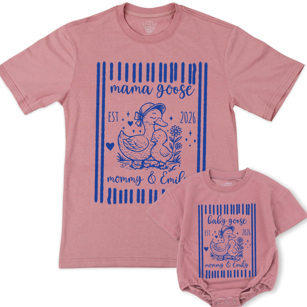 Custom Mama and Mini Goose Matching Shirts Cute Mommy and Me Outfits Personalized Names Cotton Preppy Striped First Mother’s Day Gift