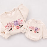 Custom Mama Mini Halloween Sweatshirts with Pink Ghost & Pumpkin Art, Matching Family Outfits for Mom & Toddler, Soft Cotton Crewnecks