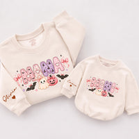 Custom Mama Mini Halloween Sweatshirts with Pink Ghost & Pumpkin Art, Matching Family Outfits for Mom & Toddler, Soft Cotton Crewnecks