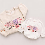 Custom Mama Mini Halloween Sweatshirts with Pink Ghost & Pumpkin Art, Matching Family Outfits for Mom & Toddler, Soft Cotton Crewnecks