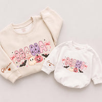 Custom Mama Mini Halloween Sweatshirts with Pink Ghost & Pumpkin Art, Matching Family Outfits for Mom & Toddler, Soft Cotton Crewnecks