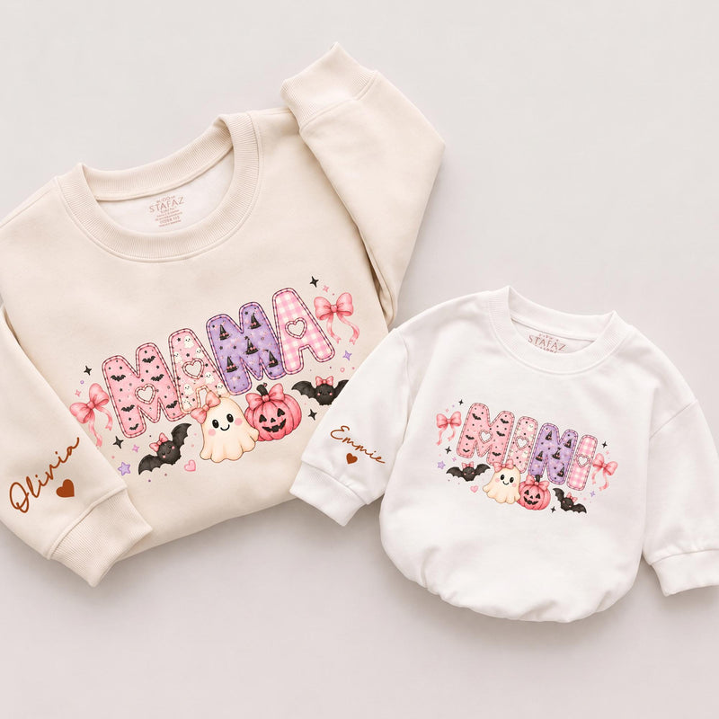 Custom Mama Mini Halloween Sweatshirts with Pink Ghost & Pumpkin Art, Matching Family Outfits for Mom & Toddler, Soft Cotton Crewnecks