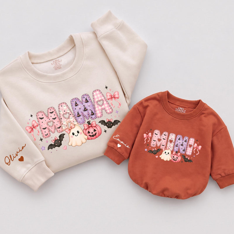 Custom Mama Mini Halloween Sweatshirts with Pink Ghost & Pumpkin Art, Matching Family Outfits for Mom & Toddler, Soft Cotton Crewnecks