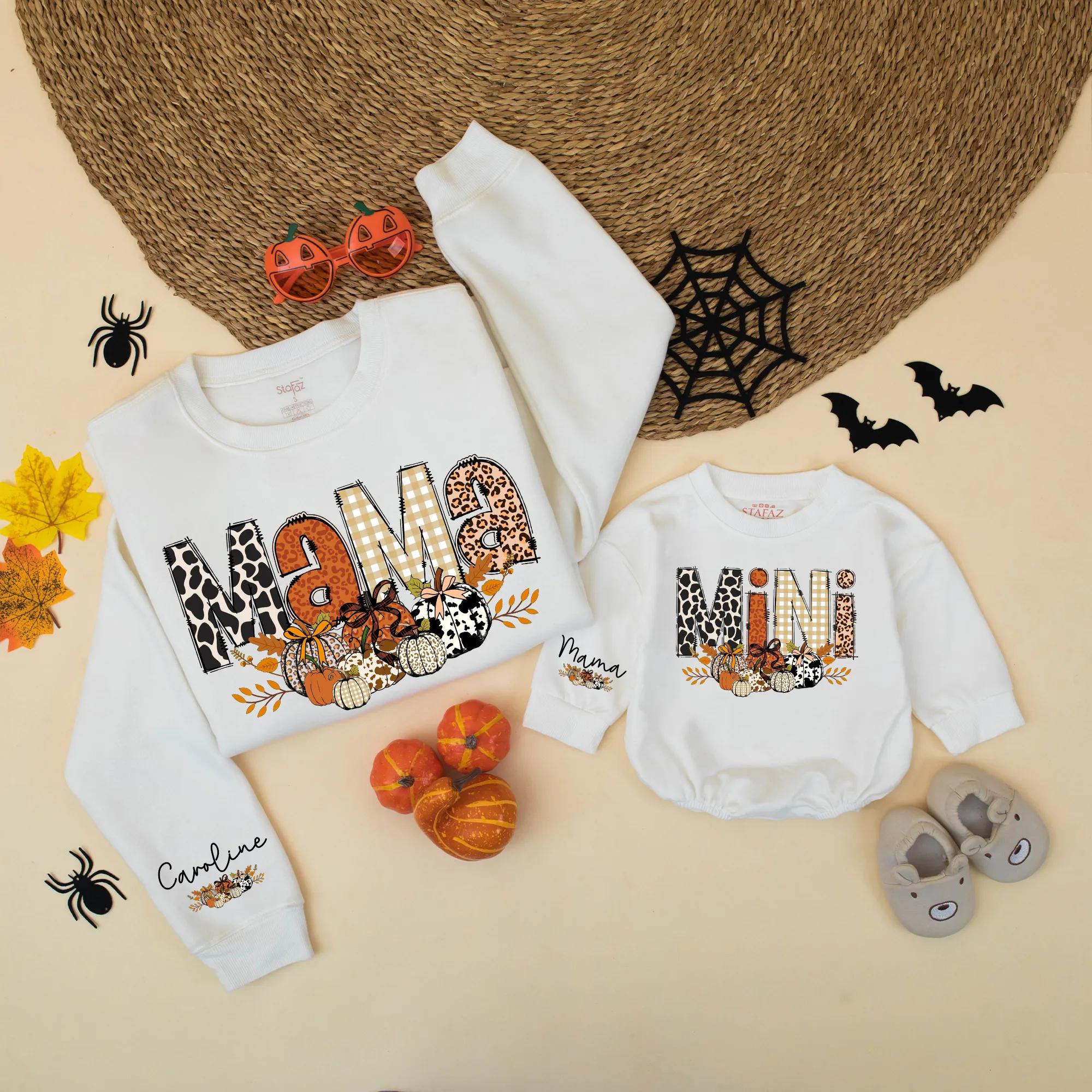 Custom Mama and Mini Leopard Print Sweatshirts with Pumpkins Cozy Fall Family Matching Outfits Perfect for Thanksgiving Gift