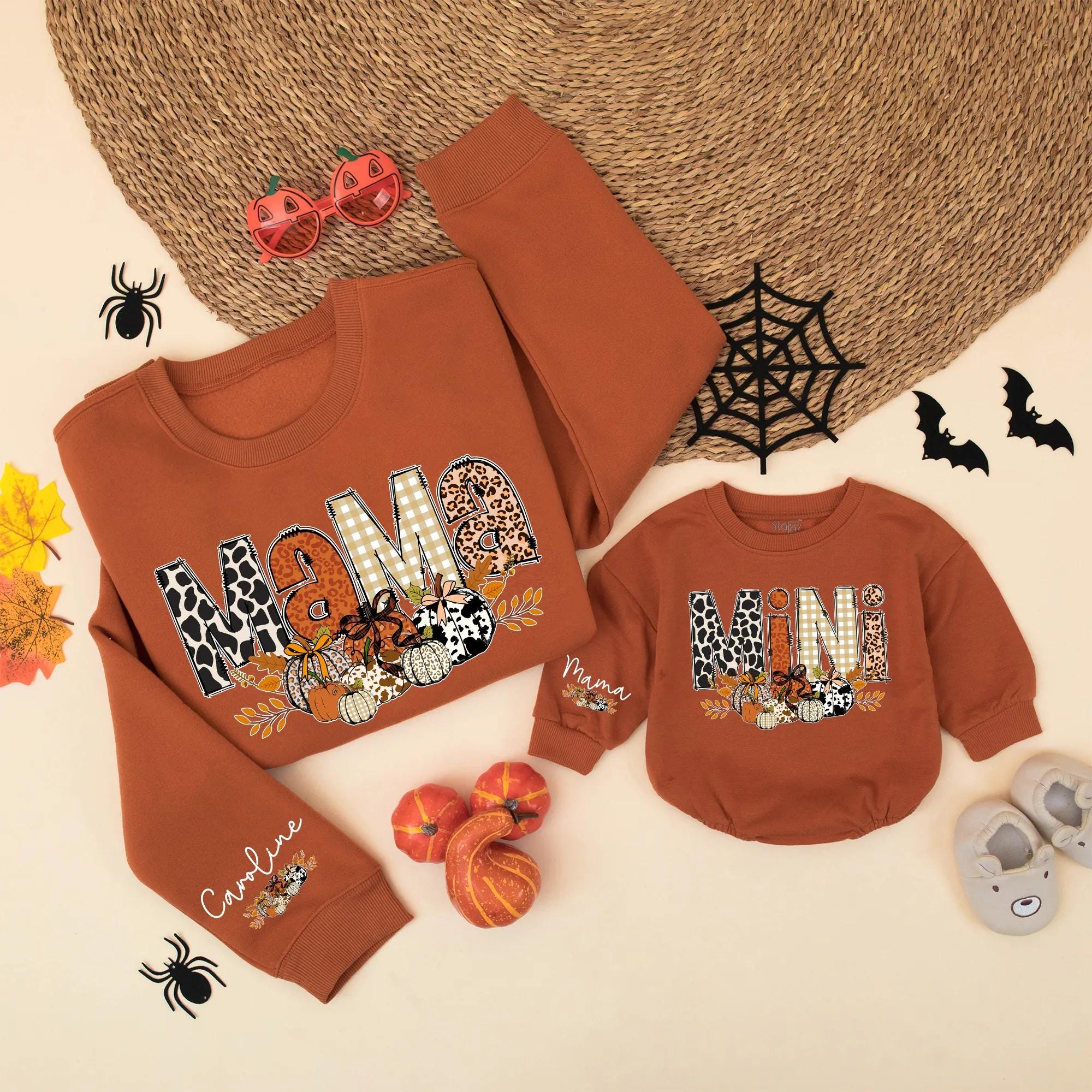 Custom Mama and Mini Leopard Print Sweatshirts with Pumpkins Cozy Fall Family Matching Outfits Perfect for Thanksgiving Gift
