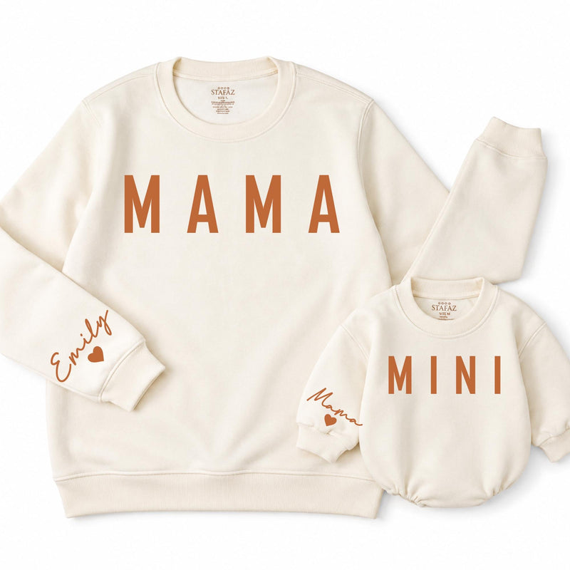 Custom Mama and Mini Matching Outfits in Neutral Beige, Adult Crewneck, Toddler Sweatshirt, Baby Romper, Soft Cotton, Sizes NB-2XL