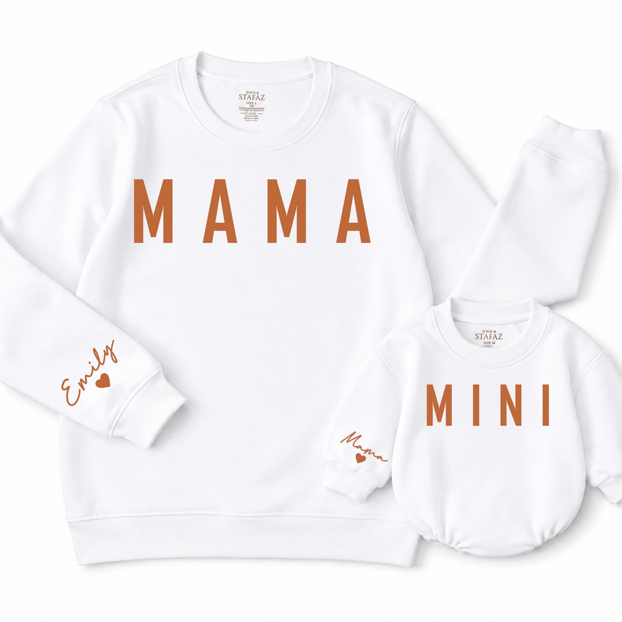 Custom Mama and Mini Matching Outfits in Neutral Beige, Adult Crewneck, Toddler Sweatshirt, Baby Romper, Soft Cotton, Sizes NB-2XL