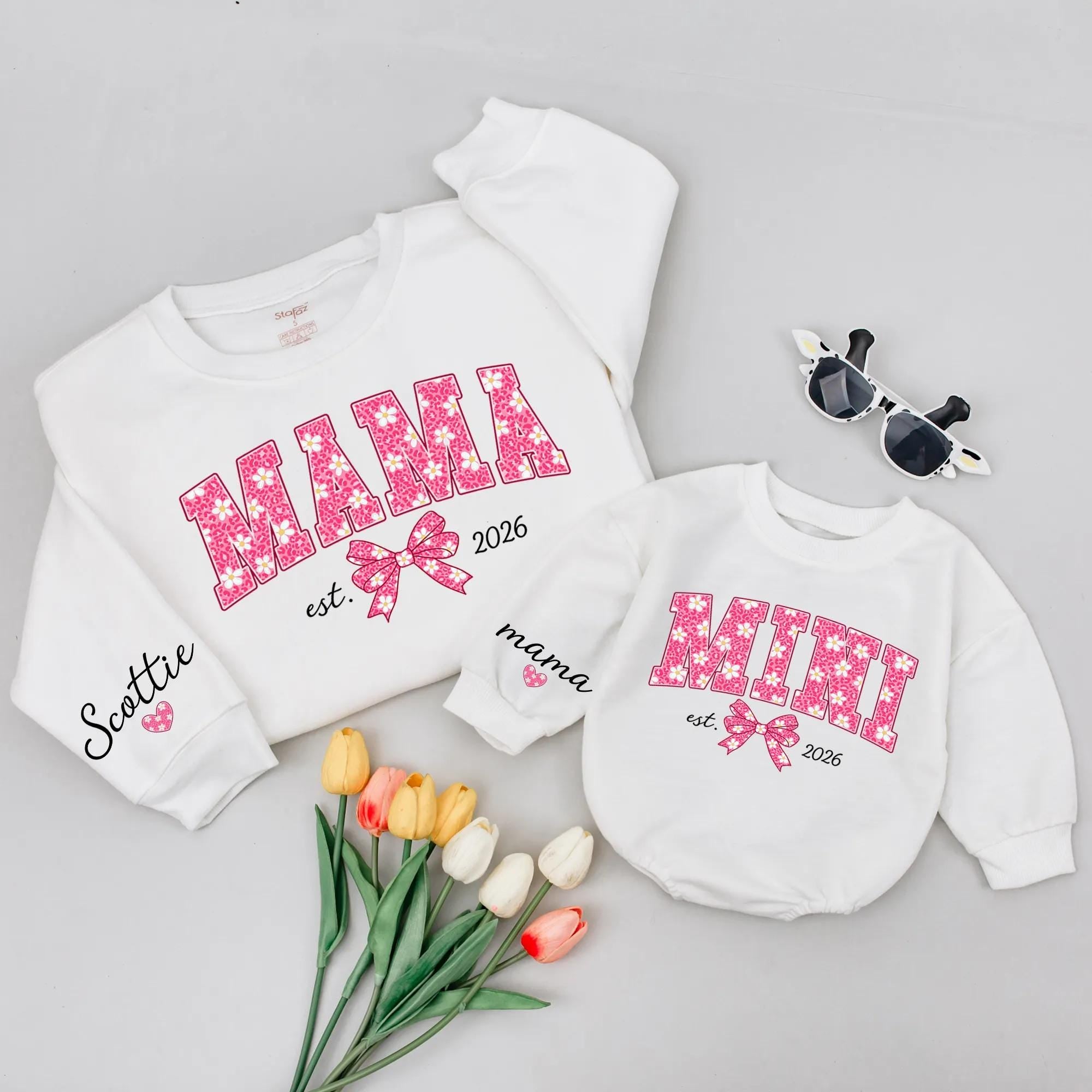 Custom Mama and Mini Matching Sweatshirts with Floral Pink Bow Design, Baby Romper for Mommy and Me, Soft Cotton Family Outfit, Gift Idea