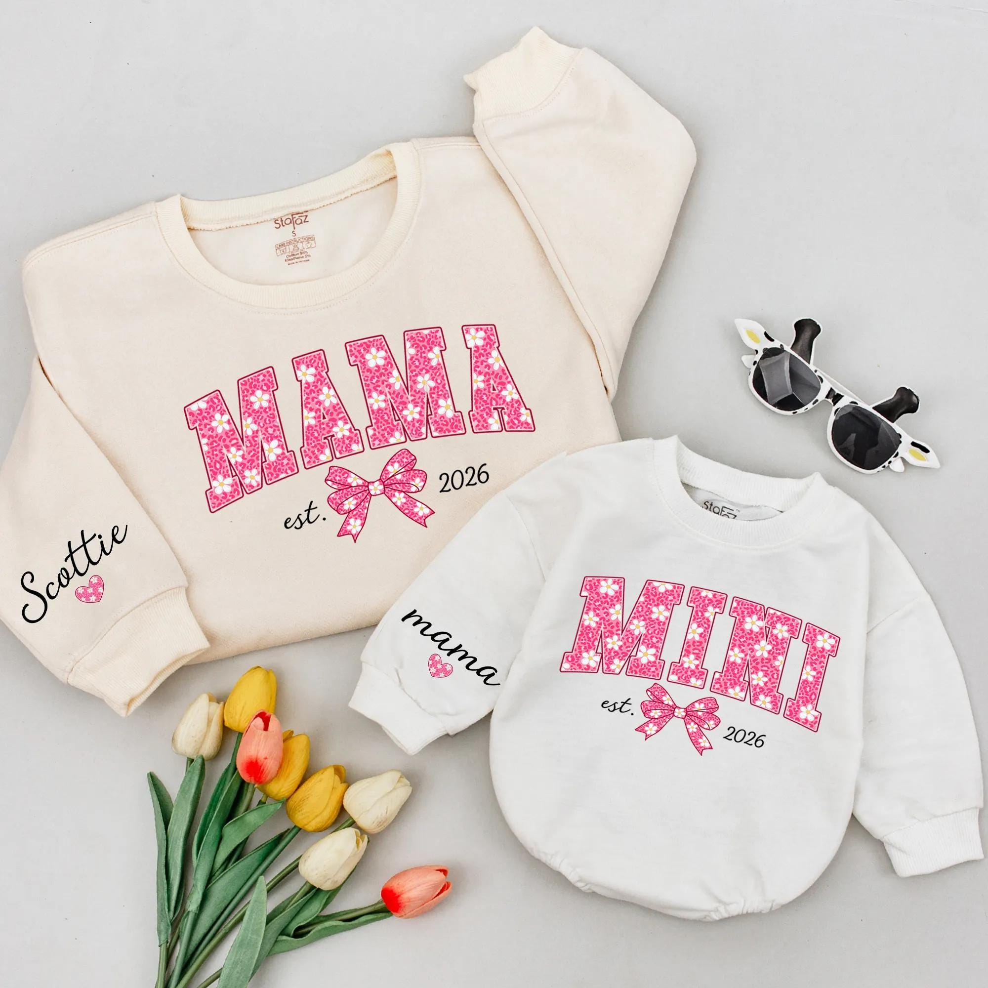 Custom Mama and Mini Matching Sweatshirts with Floral Pink Bow Design, Baby Romper for Mommy and Me, Soft Cotton Family Outfit, Gift Idea