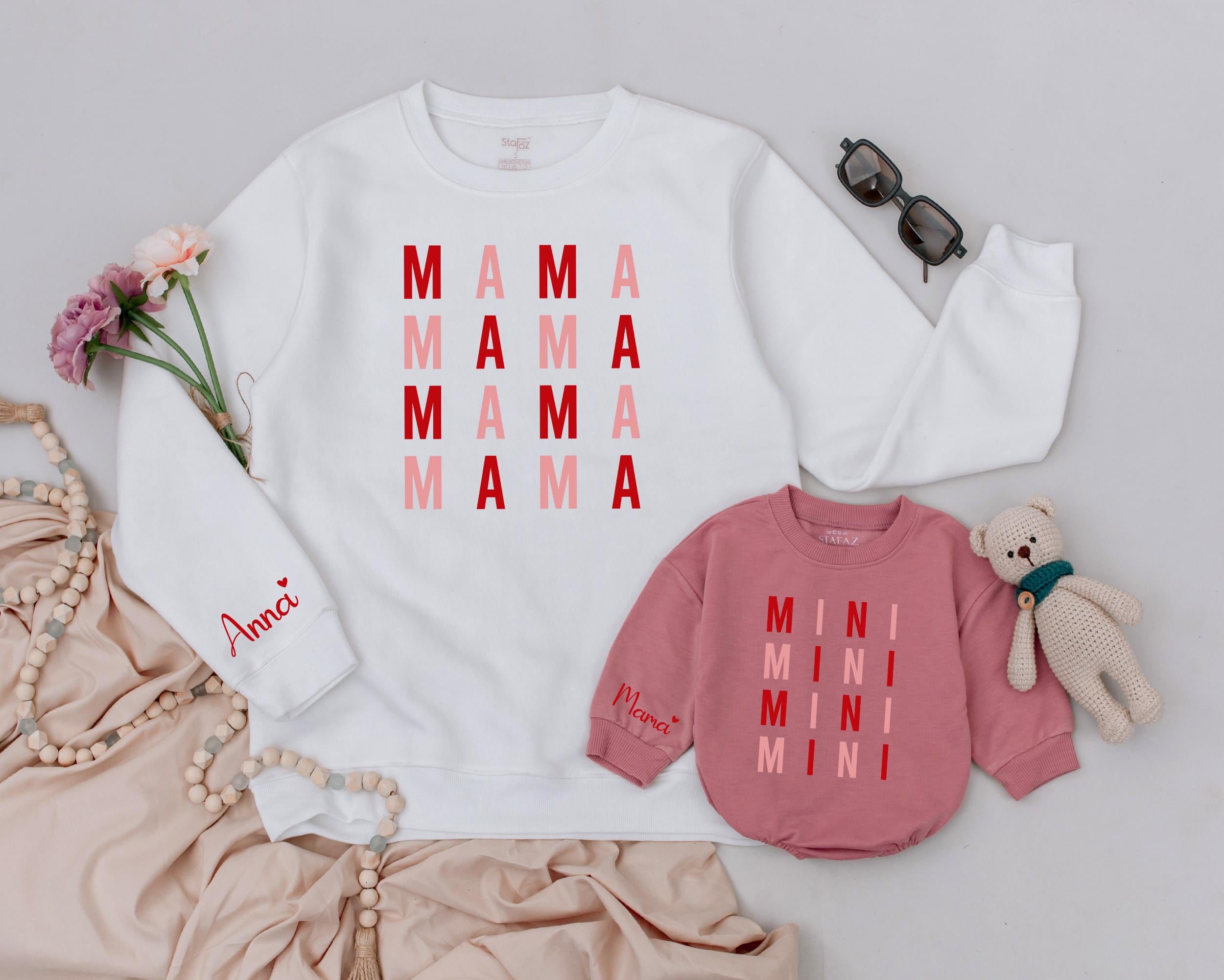 Custom Mama and Mini Matching Sweatshirts Personalized Valentine Gift for Mom and Baby with Red and Pink Text Family Outfit