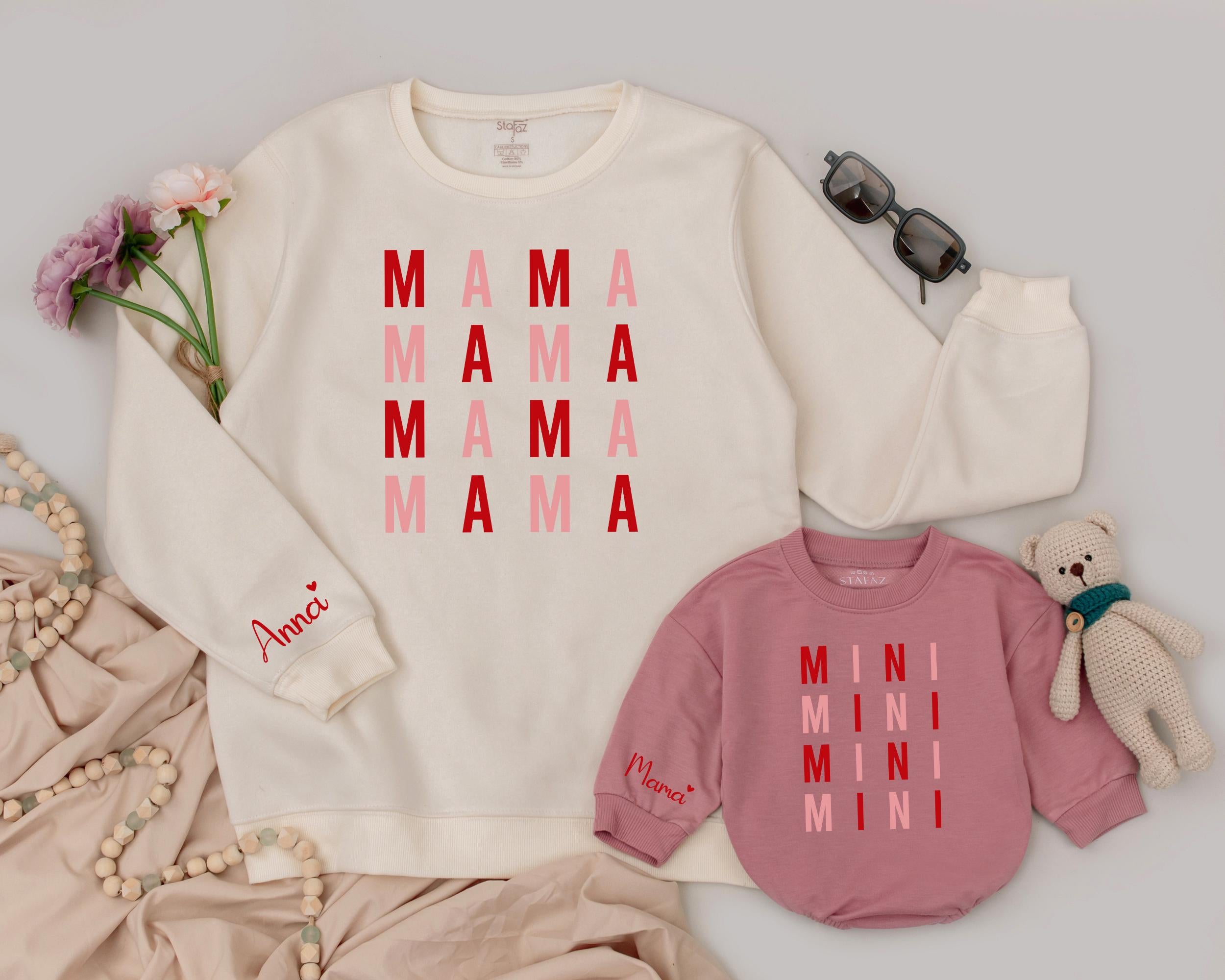 Custom Mama and Mini Matching Sweatshirts Personalized Valentine Gift for Mom and Baby with Red and Pink Text Family Outfit
