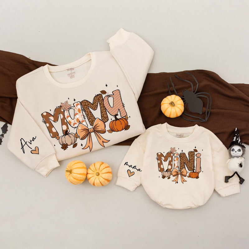 Custom Mama Mini Sweatshirts with Pumpkin Bow Artwork, Matching Family Fall Outfits for Mom and Baby, Soft Cotton Autumn Sweater