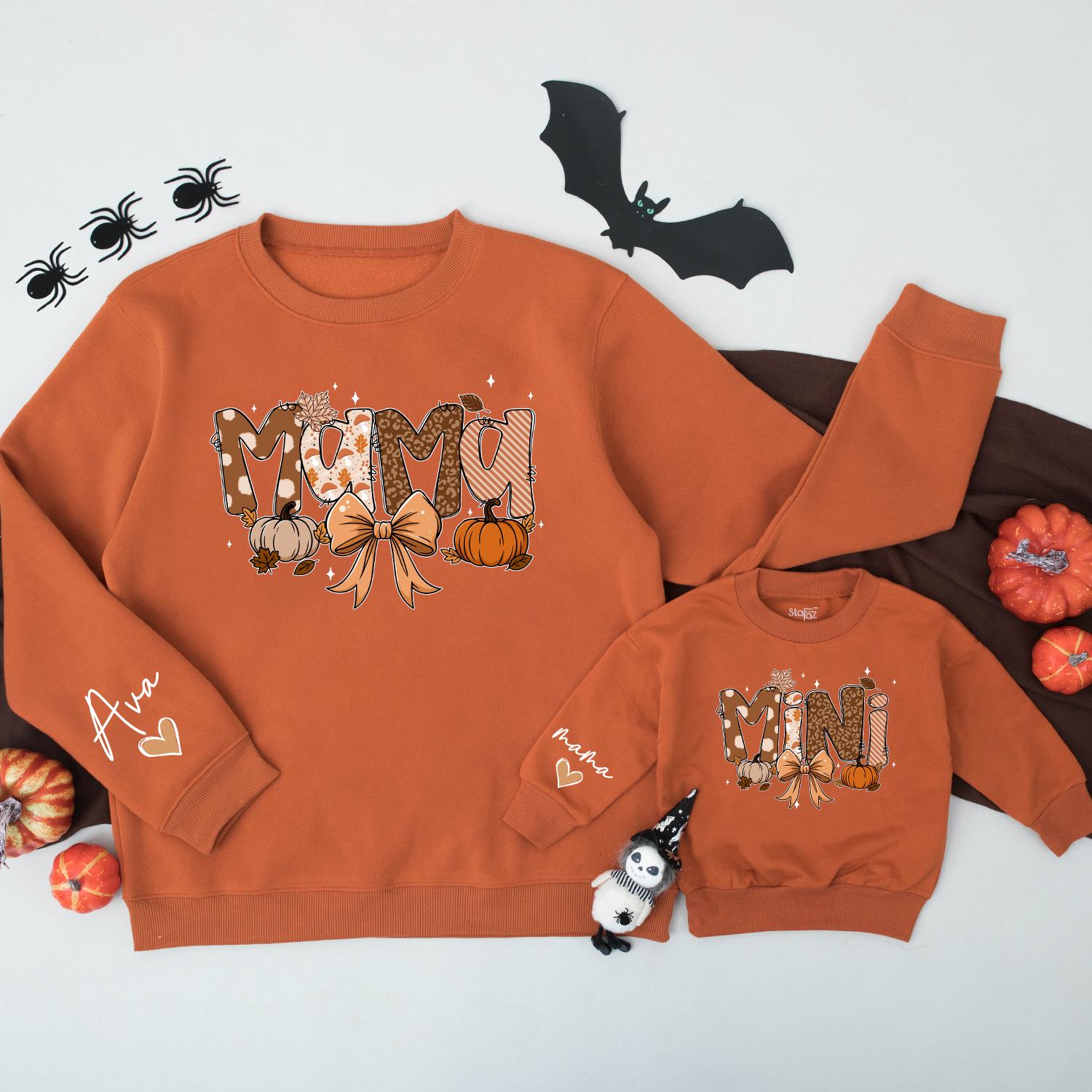 Custom Mama Mini Sweatshirts with Pumpkin Bow Artwork, Matching Family Fall Outfits for Mom and Baby, Soft Cotton Autumn Sweater
