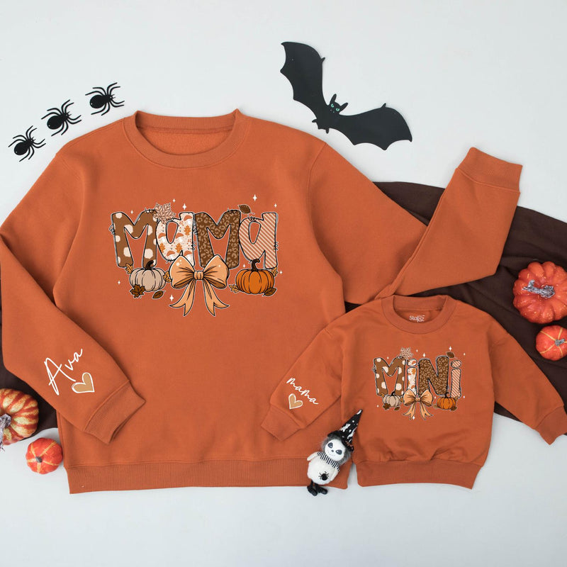 Custom Mama Mini Sweatshirts with Pumpkin Bow Artwork, Matching Family Fall Outfits for Mom and Baby, Soft Cotton Autumn Sweater
