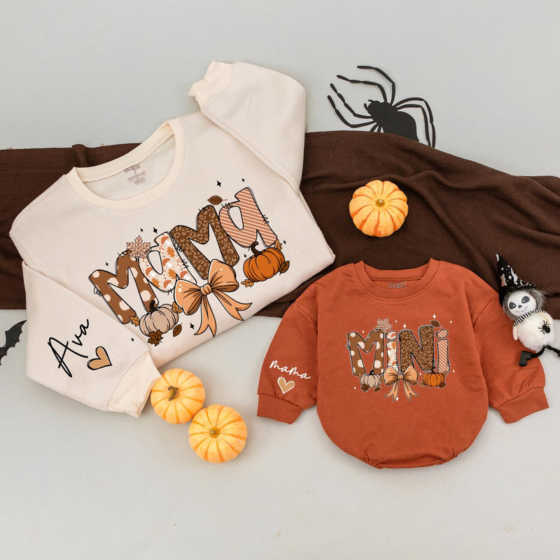 Custom Mama Mini Sweatshirts with Pumpkin Bow Artwork, Matching Family Fall Outfits for Mom and Baby, Soft Cotton Autumn Sweater