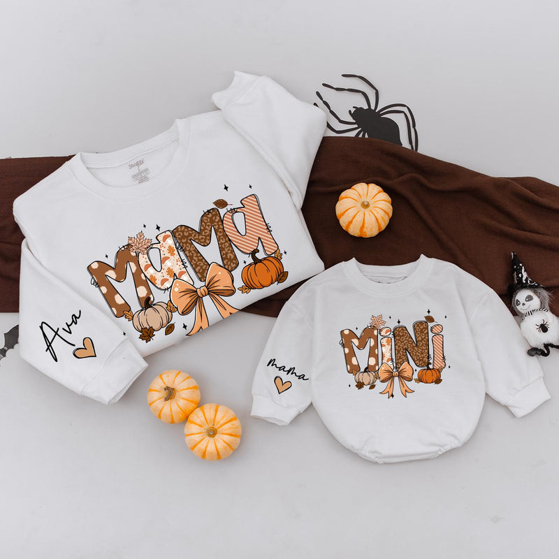 Custom Mama Mini Sweatshirts with Pumpkin Bow Artwork, Matching Family Fall Outfits for Mom and Baby, Soft Cotton Autumn Sweater