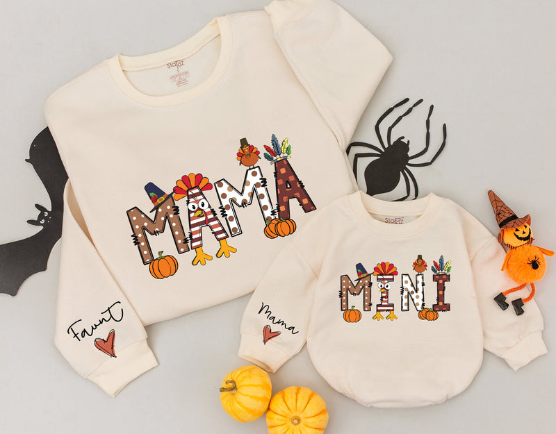 Custom Mama and Mini Thanksgiving Sweatshirts with Autumn Patterns Family Matching Fall Outfits Soft Cotton Mom Baby Celebration Gift