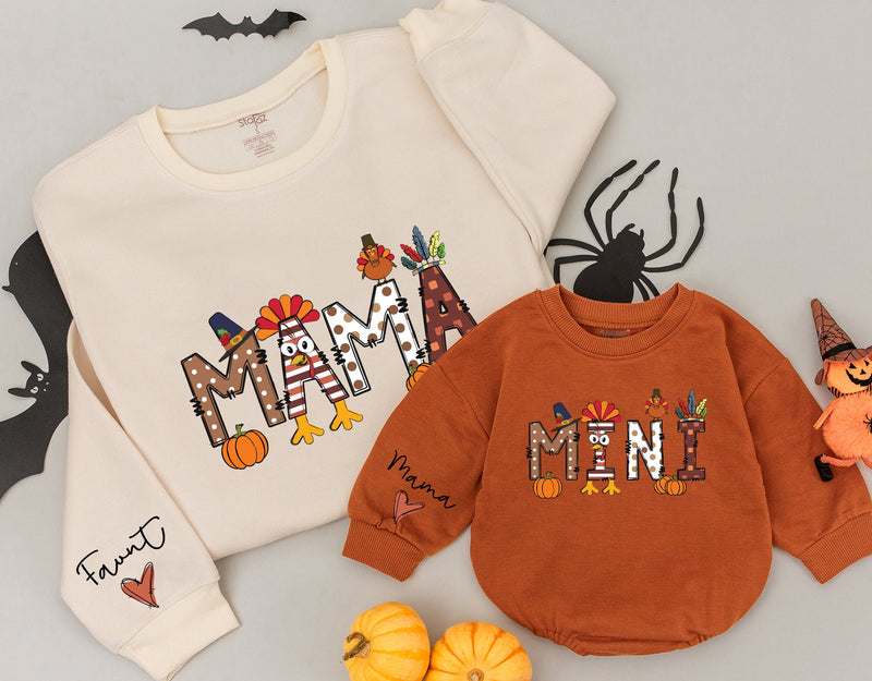 Custom Mama and Mini Thanksgiving Sweatshirts with Autumn Patterns Family Matching Fall Outfits Soft Cotton Mom Baby Celebration Gift