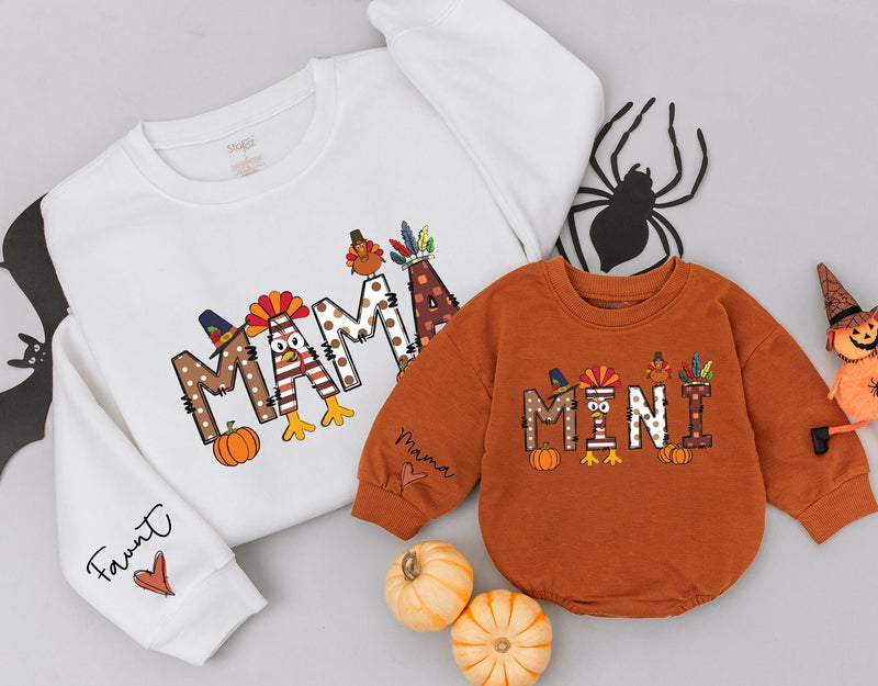 Custom Mama and Mini Thanksgiving Sweatshirts with Autumn Patterns Family Matching Fall Outfits Soft Cotton Mom Baby Celebration Gift