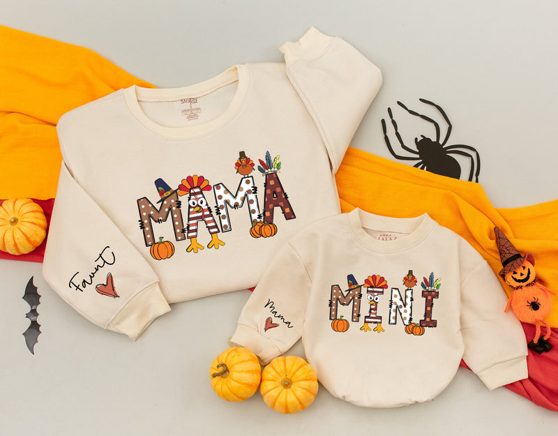 Custom Mama and Mini Thanksgiving Sweatshirts with Autumn Patterns Family Matching Fall Outfits Soft Cotton Mom Baby Celebration Gift