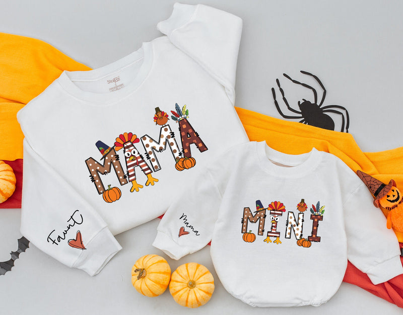 Custom Mama and Mini Thanksgiving Sweatshirts with Autumn Patterns Family Matching Fall Outfits Soft Cotton Mom Baby Celebration Gift
