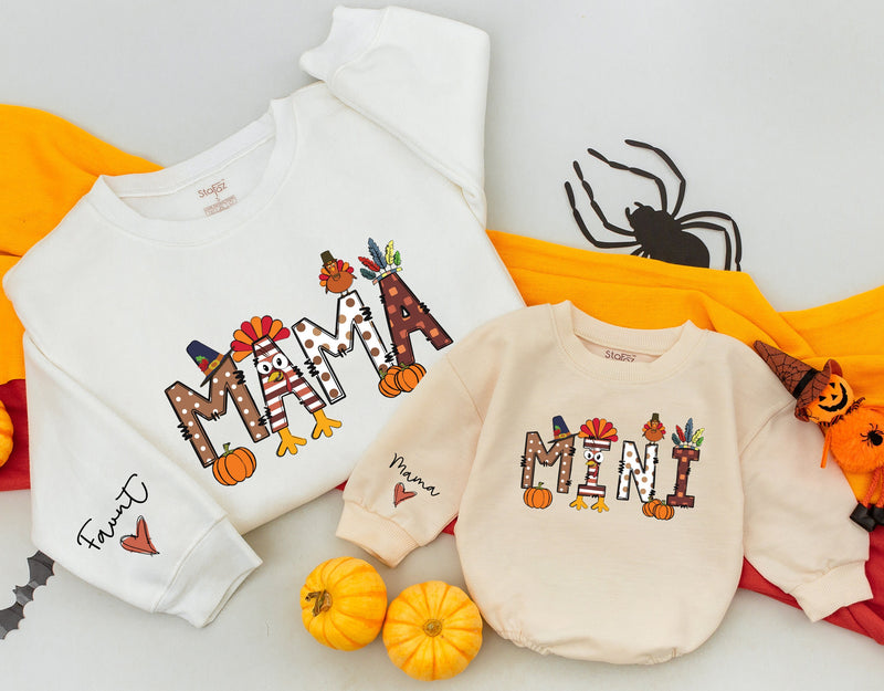 Custom Mama and Mini Thanksgiving Sweatshirts with Autumn Patterns Family Matching Fall Outfits Soft Cotton Mom Baby Celebration Gift