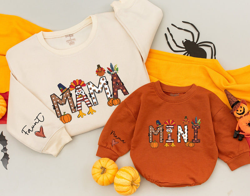 Custom Mama and Mini Thanksgiving Sweatshirts with Autumn Patterns Family Matching Fall Outfits Soft Cotton Mom Baby Celebration Gift