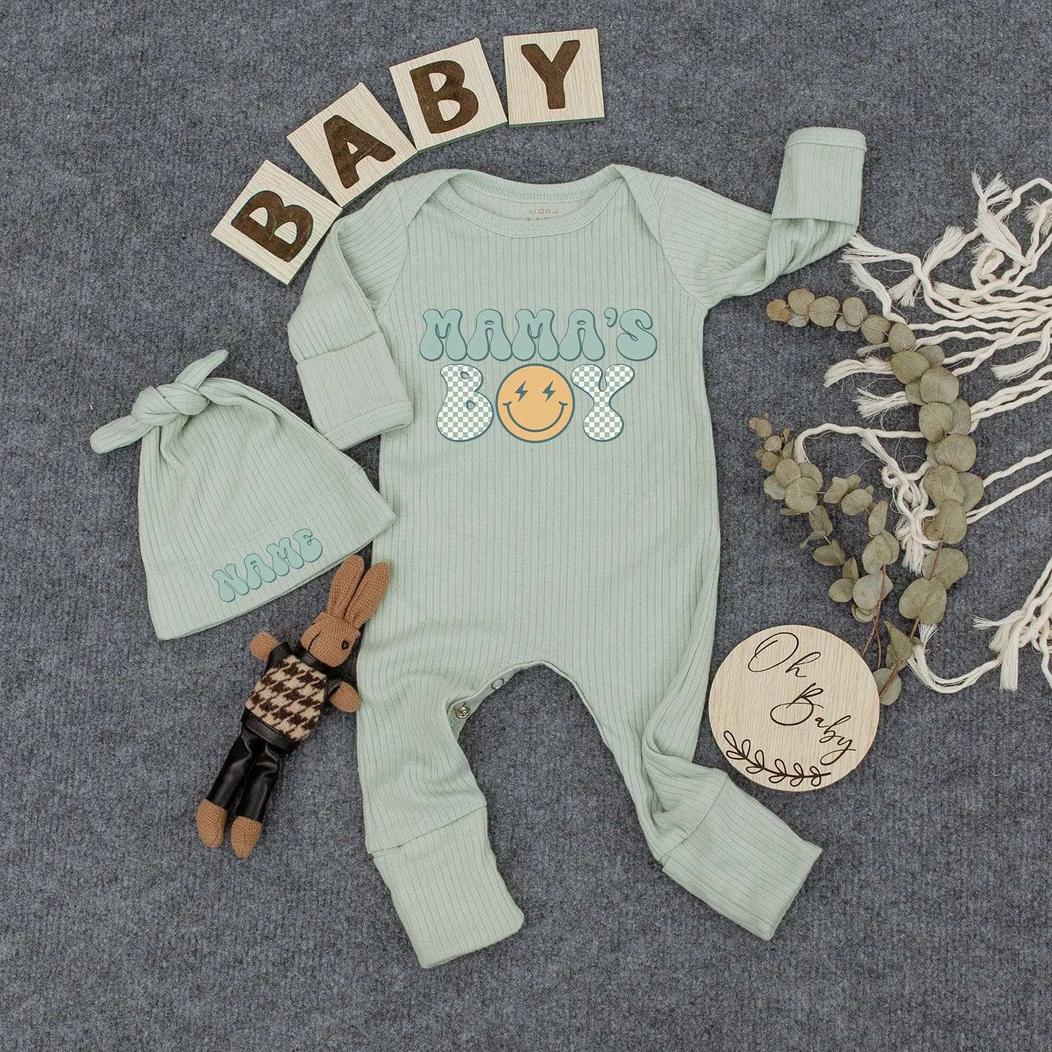 Custom Mama's Boy Baby Outfit Smiling Sun Design Newborn Gift Romper Set Personalized Name Teal and Blue Polka Dot Bodysuit